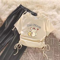 女童套装韩版抽绳短袖上衣高腰阔腿裤两件套装中大童女孩夏季新款