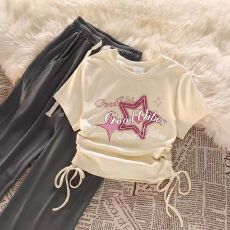 女童套装韩版抽绳短袖上衣高腰阔腿裤两件套装中大童女孩夏季新款