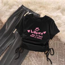 女童套装韩版抽绳短袖上衣高腰阔腿裤两件套装中大童女孩夏季新款