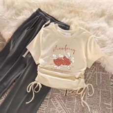 女童套装韩版抽绳短袖上衣高腰阔腿裤两件套装中大童女孩夏季新款