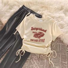 批发<b class='q'>女</b><b class='q'>童</b>套装韩版抽绳短袖上衣高腰阔腿裤两件套装<b class='q'>中大</b>童女孩夏季新款