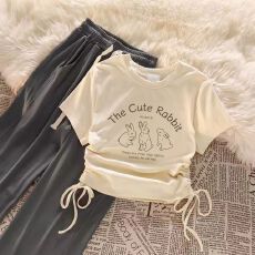 批发<b class='q'>女</b><b class='q'>童</b>套装韩版抽绳短袖上衣高腰阔腿裤两件套装<b class='q'>中大</b>童女孩夏季新款