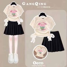 批发<b class='q'>女</b><b class='q'>童</b>抽绳设计上衣百褶裙两件套<b class='q'>中大</b>童夏季新款潮流半身裙套装