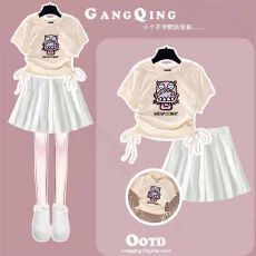 批发<b class='q'>女</b><b class='q'>童</b>抽绳设计上衣百褶裙两件套<b class='q'>中大</b>童夏季新款潮流半身裙套装