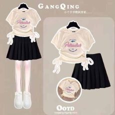 批发<b class='q'>女</b><b class='q'>童</b>抽绳设计上衣百褶裙两件套<b class='q'>中大</b>童夏季新款潮流半身裙套装