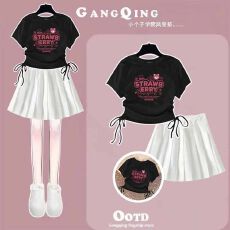 批发<b class='q'>女</b><b class='q'>童</b>抽绳设计上衣百褶裙两件套<b class='q'>中大</b>童夏季新款潮流半身裙套装