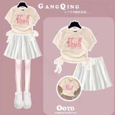 批发<b class='q'>女</b><b class='q'>童</b>抽绳设计上衣百褶裙两件套<b class='q'>中大</b>童夏季新款潮流半身裙套装