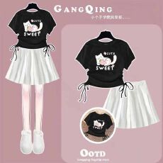 批发<b class='q'>女</b><b class='q'>童</b>抽绳设计上衣百褶裙两件套<b class='q'>中大</b>童夏季新款潮流半身裙套装