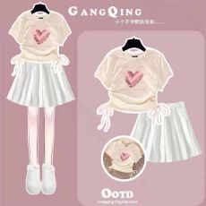 批发<b class='q'>女</b><b class='q'>童</b>抽绳设计上衣百褶裙两件套<b class='q'>中大</b>童夏季新款潮流半身裙套装