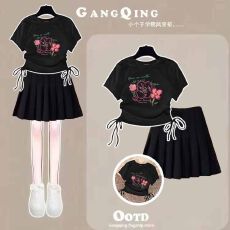 女童抽绳设计上衣百褶裙两件套中大童夏季新款潮流半身裙套装