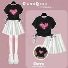 女童抽绳设计上衣百褶裙两件套中大童夏季新款潮流半身裙套装