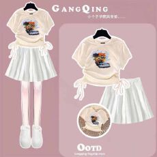 女童抽绳设计上衣百褶裙两件套中大童夏季新款潮流半身裙套装