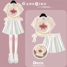 女童抽绳设计上衣百褶裙两件套中大童夏季新款潮流半身裙套装