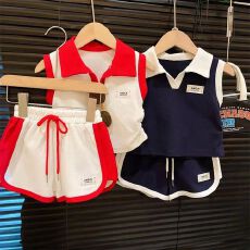 儿童无袖POLO洋气时髦洋气短裤两件套女童学院风套装时尚两件套潮