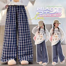 批发复古蓝色格子裤<b class='q'>女</b><b class='q'>童</b>2026夏季新款<b class='q'>中大</b>童休闲宽松显瘦百搭直筒裤潮