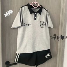 批发<b class='q'>女童</b>夏<b class='q'>季</b>新款polo领运动休闲可爱百搭萌感日系黑灰短袖短裤套装
