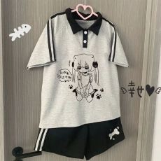 批发<b class='q'>女童</b>夏<b class='q'>季</b>新款polo领运动休闲可爱百搭萌感日系黑灰短袖短裤套装