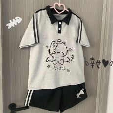 批发<b class='q'>女童</b>夏<b class='q'>季</b>新款polo领运动休闲可爱百搭萌感日系黑灰短袖短裤套装