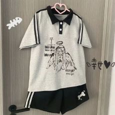 批发<b class='q'>女童</b>夏<b class='q'>季</b>新款polo领运动休闲可爱百搭萌感日系黑灰短袖短裤套装