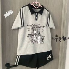 批发<b class='q'>女童</b>夏<b class='q'>季</b>新款polo领运动休闲可爱百搭萌感日系黑灰短袖短裤套装