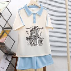 批发<b class='q'>女童</b>日系可爱<b class='q'>宅</b>宅萌感二次元运动短袖夏季polo领T恤蓝短裤套装