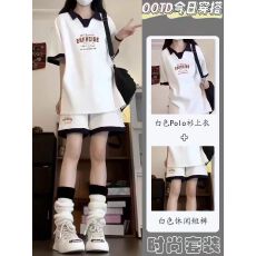 批发<b class='q'>女</b><b class='q'>童</b>夏季学院风休闲套装<b class='q'>中大</b>童POLO衫短袖运动短裤两件套潮