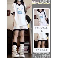 批发<b class='q'>女</b><b class='q'>童</b>夏季学院风休闲套装<b class='q'>中大</b>童POLO衫短袖运动短裤两件套潮