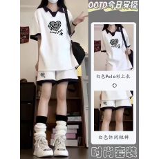 批发<b class='q'>女</b><b class='q'>童</b>夏季学院风休闲套装<b class='q'>中大</b>童POLO衫短袖运动短裤两件套潮