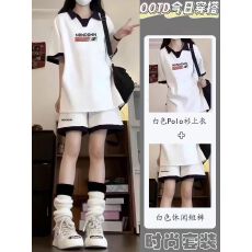 批发<b class='q'>女</b><b class='q'>童</b>夏季学院风休闲套装<b class='q'>中大</b>童POLO衫短袖运动短裤两件套潮