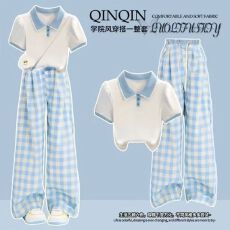 批发<b class='q'>女</b><b class='q'>童</b>夏季阔腿裤套装2026新款短袖<b class='q'>中大</b>童格子休闲裤夏装两件套