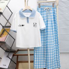 批发<b class='q'>女</b><b class='q'>童</b>夏季学院风套装<b class='q'>中大</b>童新款蕾丝边娃娃领短袖阔腿格子裤两件套