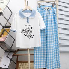 批发<b class='q'>女</b><b class='q'>童</b>夏季学院风套装<b class='q'>中大</b>童新款蕾丝边娃娃领短袖阔腿格子裤两件套