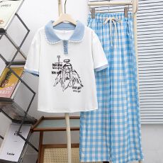批发<b class='q'>女</b><b class='q'>童</b>夏季学院风套装<b class='q'>中大</b>童新款蕾丝边娃娃领短袖阔腿格子裤两件套