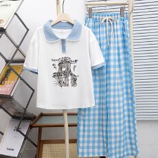 批发<b class='q'>女</b><b class='q'>童</b>夏季学院风套装<b class='q'>中大</b>童新款蕾丝边娃娃领短袖阔腿格子裤两件套