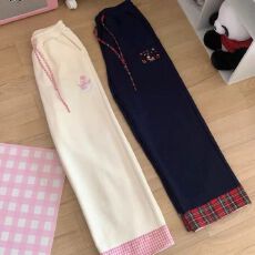 批发<b class='q'>女</b><b class='q'>童</b>可爱刺绣拼接格子直筒裤春秋新款日系中大童宽松高腰阔腿裤