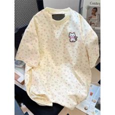 批发纯棉刺绣猫咪女童夏季新款可爱港风短袖碎花休闲宽松T恤上衣潮ins