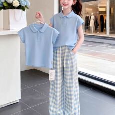 批发<b class='q'>女</b>童<b class='q'>夏</b>季<b class='q'>套装</b>新款洋气Polo短袖T恤格子裤两件套儿童薄款透气夏装