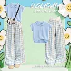 批发<b class='q'>女</b>童<b class='q'>新</b>款<b class='q'>夏季</b>套装中大童<b class='q'>女</b>生休闲POLO领短袖格子阔腿裤<b class='q'>两件</b>套潮