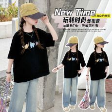 批发两件套女童夏装套装女大童休闲儿童装阔腿裤<b class='q'>牛仔裤</b>夏季短袖T恤
