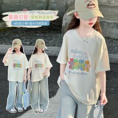 批发两件套女童夏装套装女大童休闲儿童装阔腿裤<b class='q'>牛仔裤</b>夏季短袖T恤