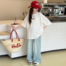批发两件套女童夏装套装女大童休闲儿童装阔腿裤<b class='q'>牛仔裤</b>夏季短袖T恤