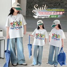 批发两件套<b class='q'>女童</b>夏<b class='q'>装</b>套装女大童休闲儿童装阔腿裤牛仔裤夏季短袖T恤