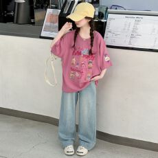 批发两件套<b class='q'>女童</b>夏<b class='q'>装</b>套装女大童休闲儿童装阔腿裤牛仔裤夏季短袖T恤