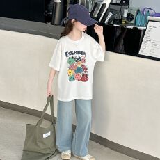 批发两件套<b class='q'>女童</b>夏<b class='q'>装</b>套装女大童休闲儿童装阔腿裤牛仔裤夏季短袖T恤