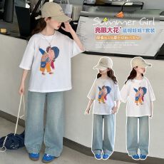 批发两件套<b class='q'>女童</b>夏<b class='q'>装</b>套装女大童休闲儿童装阔腿裤牛仔裤夏季短袖T恤