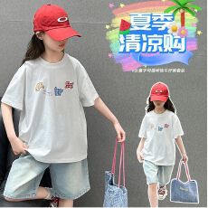 批发牛仔裤两件套<b class='q'>女童</b>夏<b class='q'>装</b>韩版套装女孩卡通T短袖短裤t恤时髦两件套潮