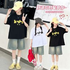 批发牛仔裤两件套<b class='q'>女童</b>夏<b class='q'>装</b>韩版套装女孩卡通T短袖短裤t恤时髦两件套潮
