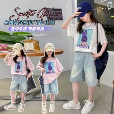 批发牛仔裤两件套<b class='q'>女童</b>夏<b class='q'>装</b>韩版套装女孩卡通T短袖短裤t恤时髦两件套潮