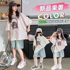 批发<b class='q'>牛仔裤</b>两件套女<b class='q'>童</b><b class='q'>短袖</b>t<b class='q'>恤</b>夏装2025新款中<b class='q'>大</b><b class='q'>童</b>夏季洋气套装女孩夏