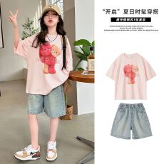 牛仔裤两件套女童短袖t恤夏装2026新款中大童夏季洋气套装女孩夏